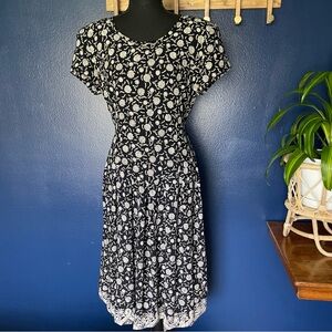 Vintage 90s Drop Waist Black Print Cottage Dress - Size 12